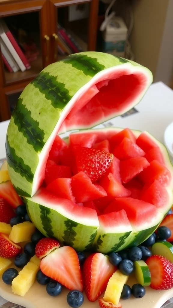 A carved watermelon clam with vibrant red flesh, surrounded by assorted fresh fruits on a table.